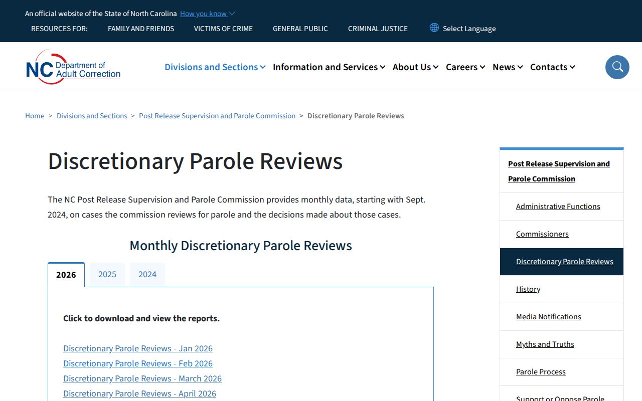 Tyrrell County parole monthly discretionary review records