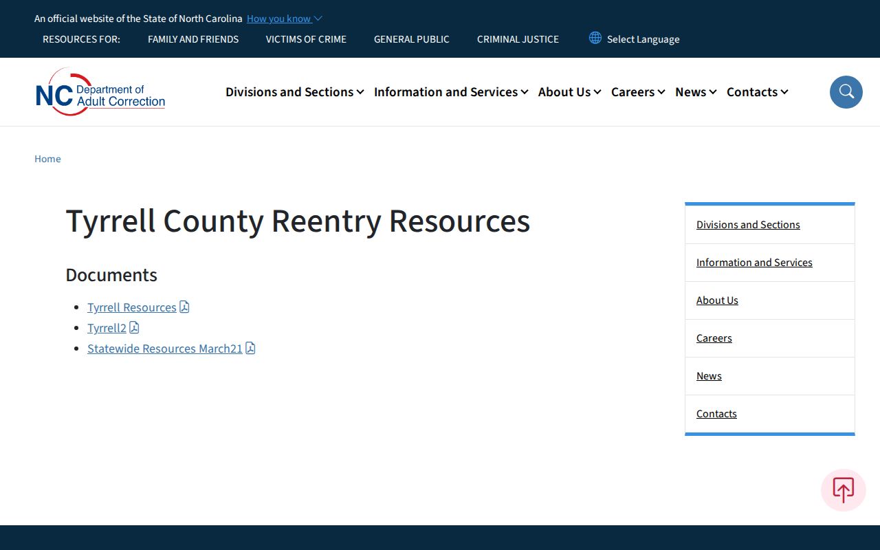 Tyrrell Prison Work Farm release and reentry resource page