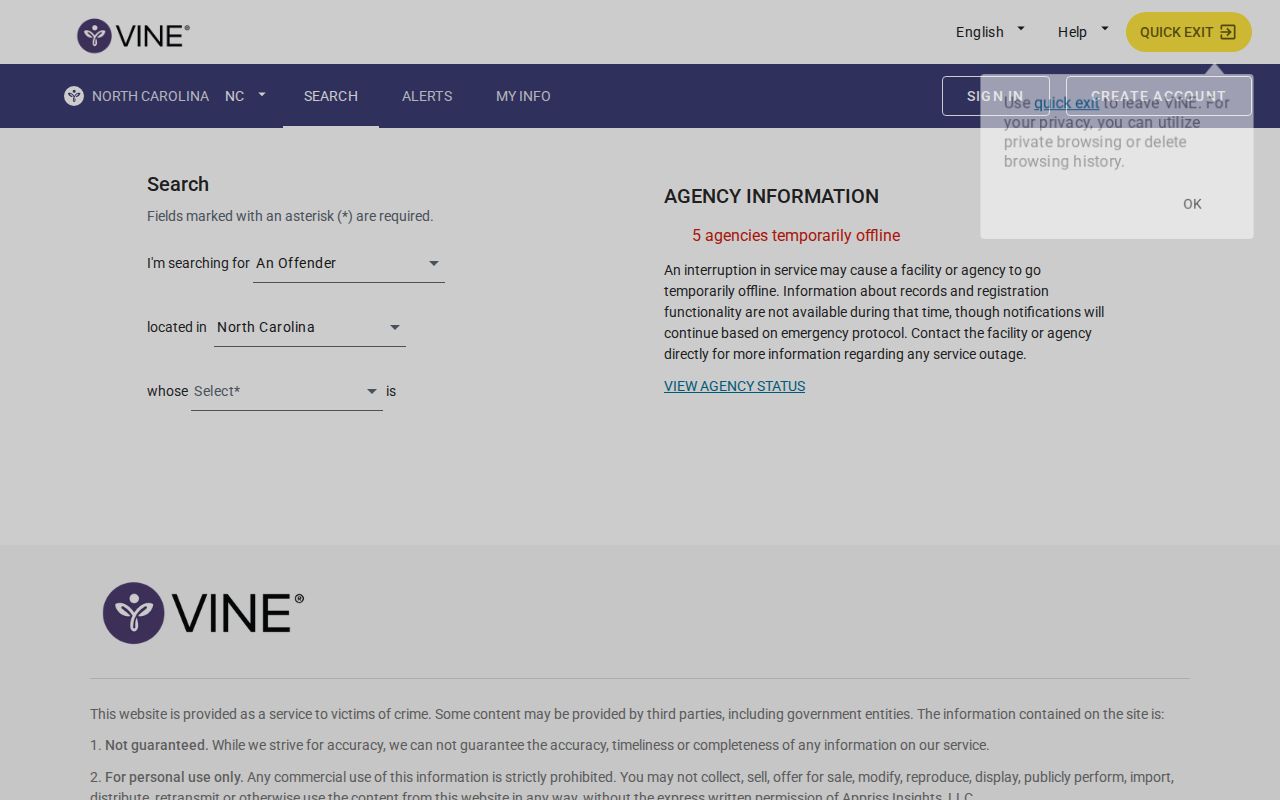 Tyrrell County VINELink inmate search and release alert screen